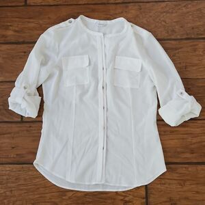 Calvin Klein women's small/petite white button front blouse adjustable sleeves